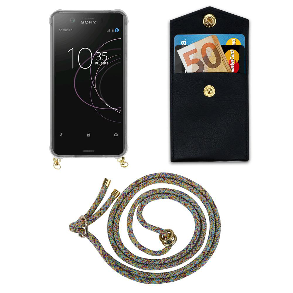 Sony Smartphone mit schwarzem Lederetui und bunter Lanyard-Schnur.