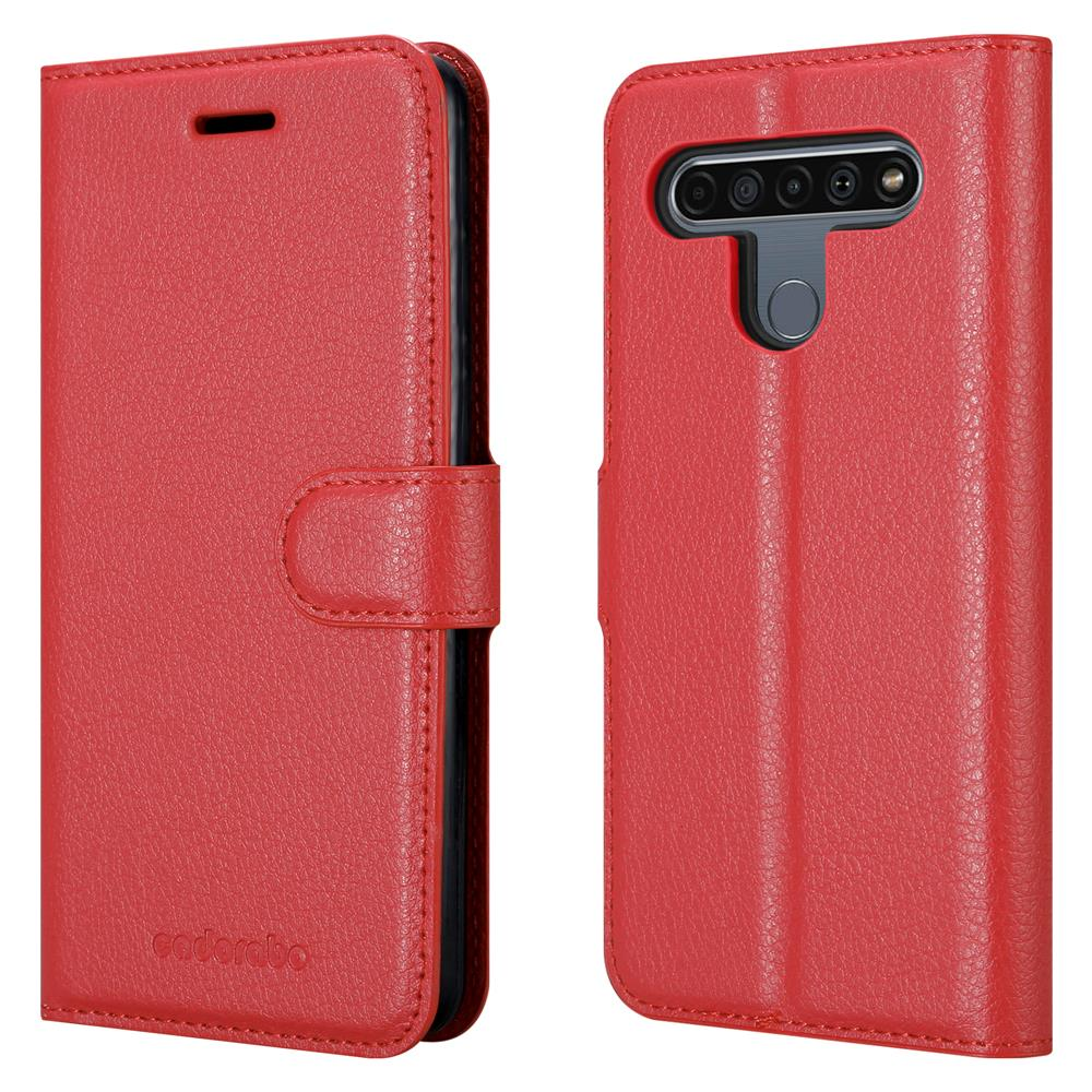 Custodia rossa per telefono con ritaglio fotocamera e chiusura magnetica.