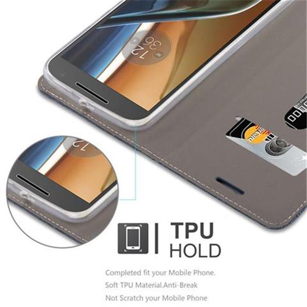 Custodia grigia per telefono con slot per carte e display.
