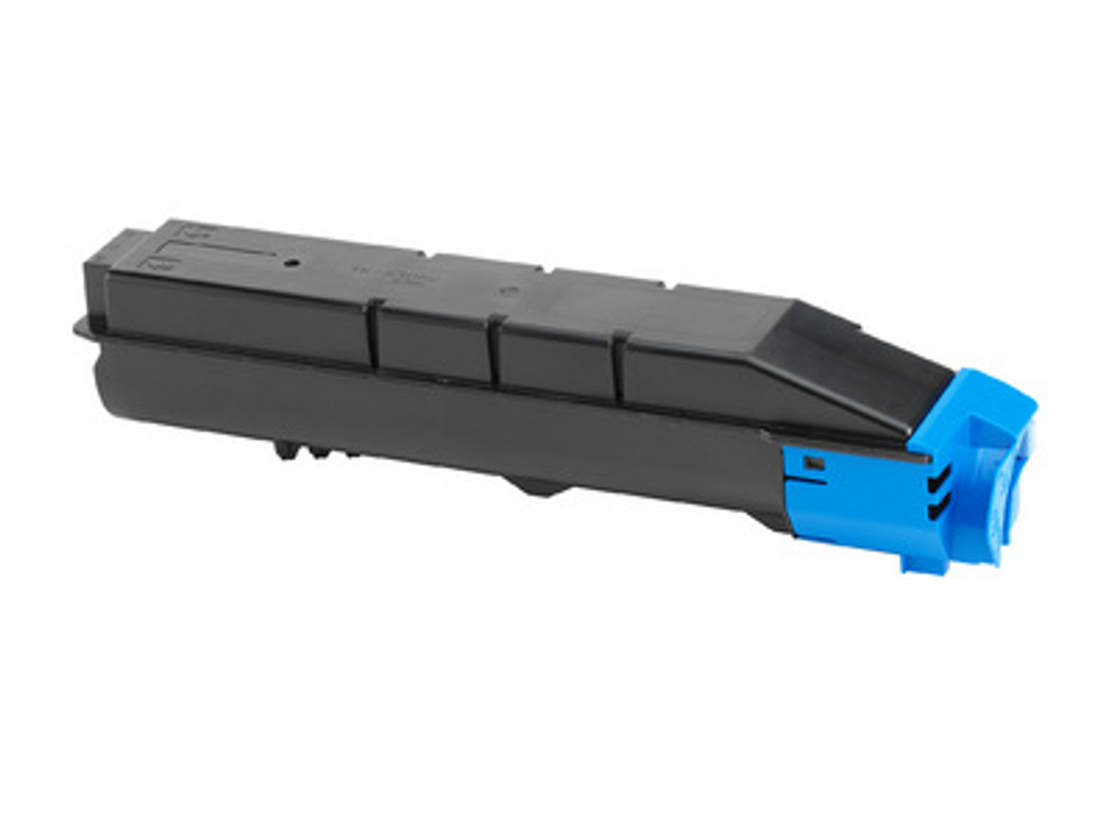 Zwarte tonercartridge met blauw uiteinde, geïsoleerd op witte achtergrond.