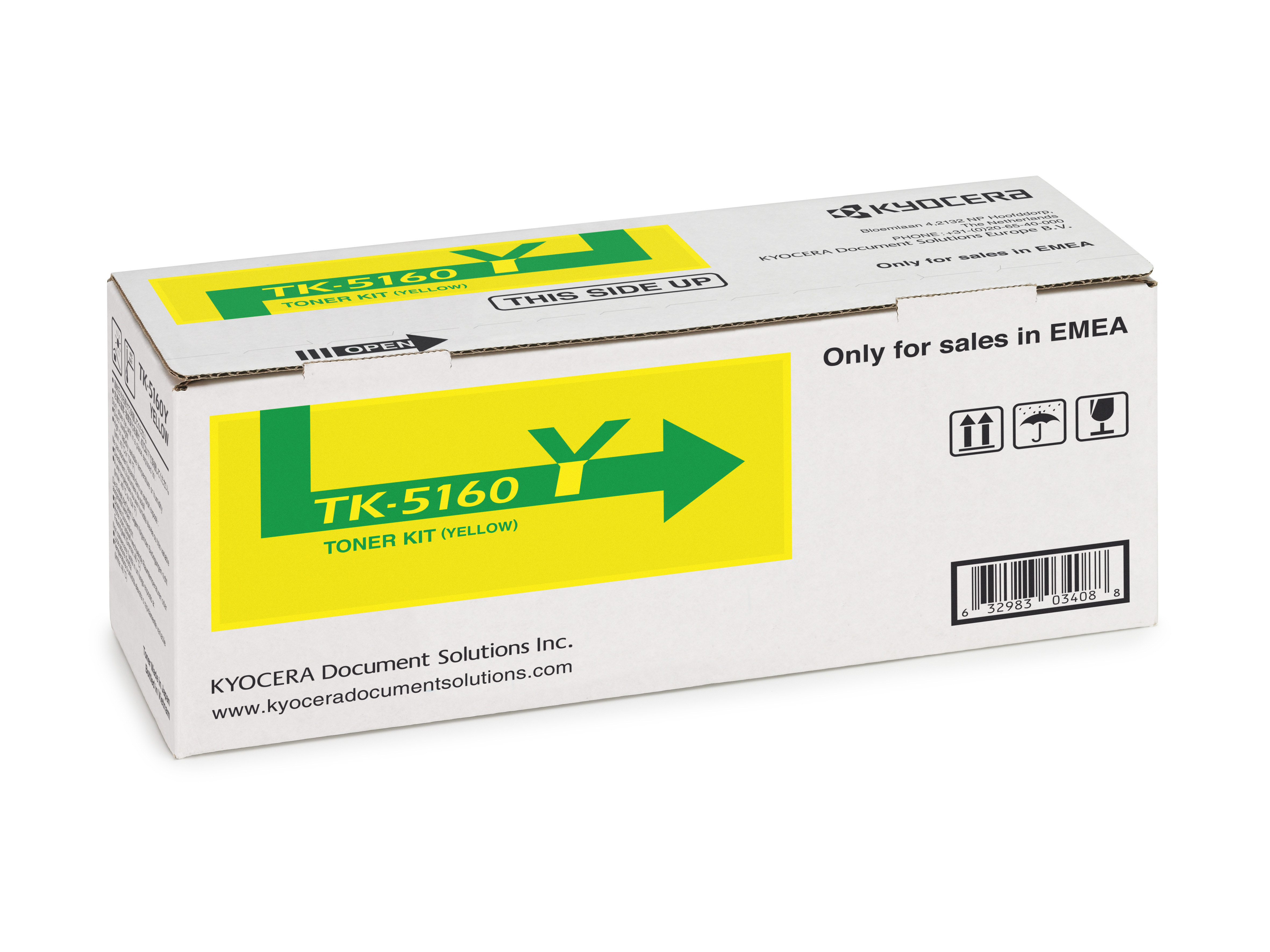 Kyocera TK-5160 gele tonercartridge doos met markeringen en barcode.