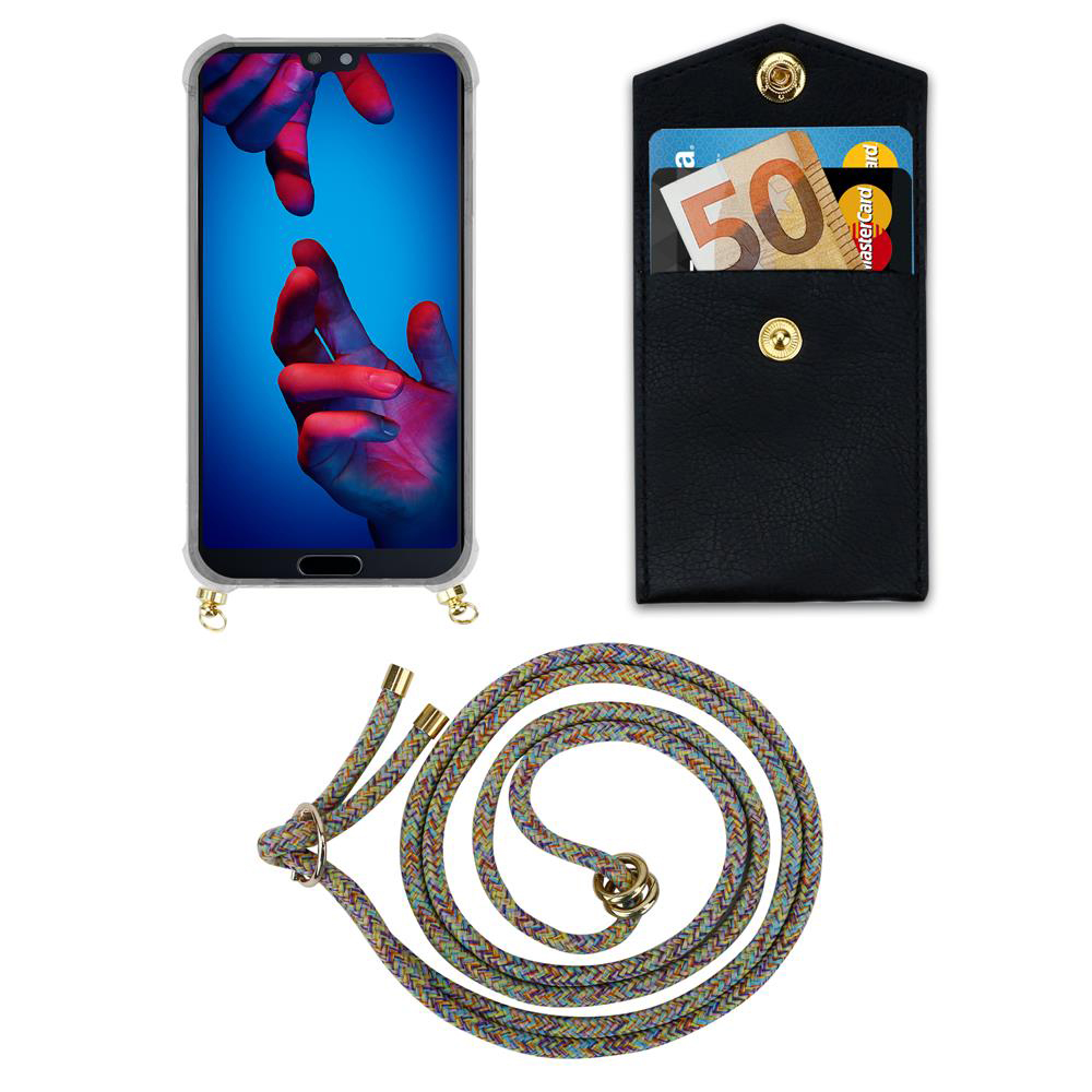 Smartphone in custodia, portafoglio nero con carte e banconota, tracolla colorata.