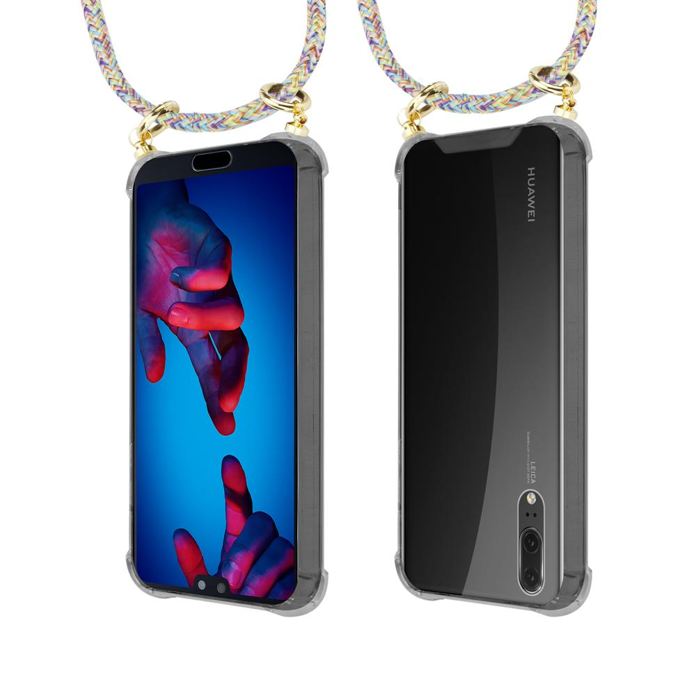 Due telefoni Huawei in custodie trasparenti con cordini colorati, viste frontale e posteriore.