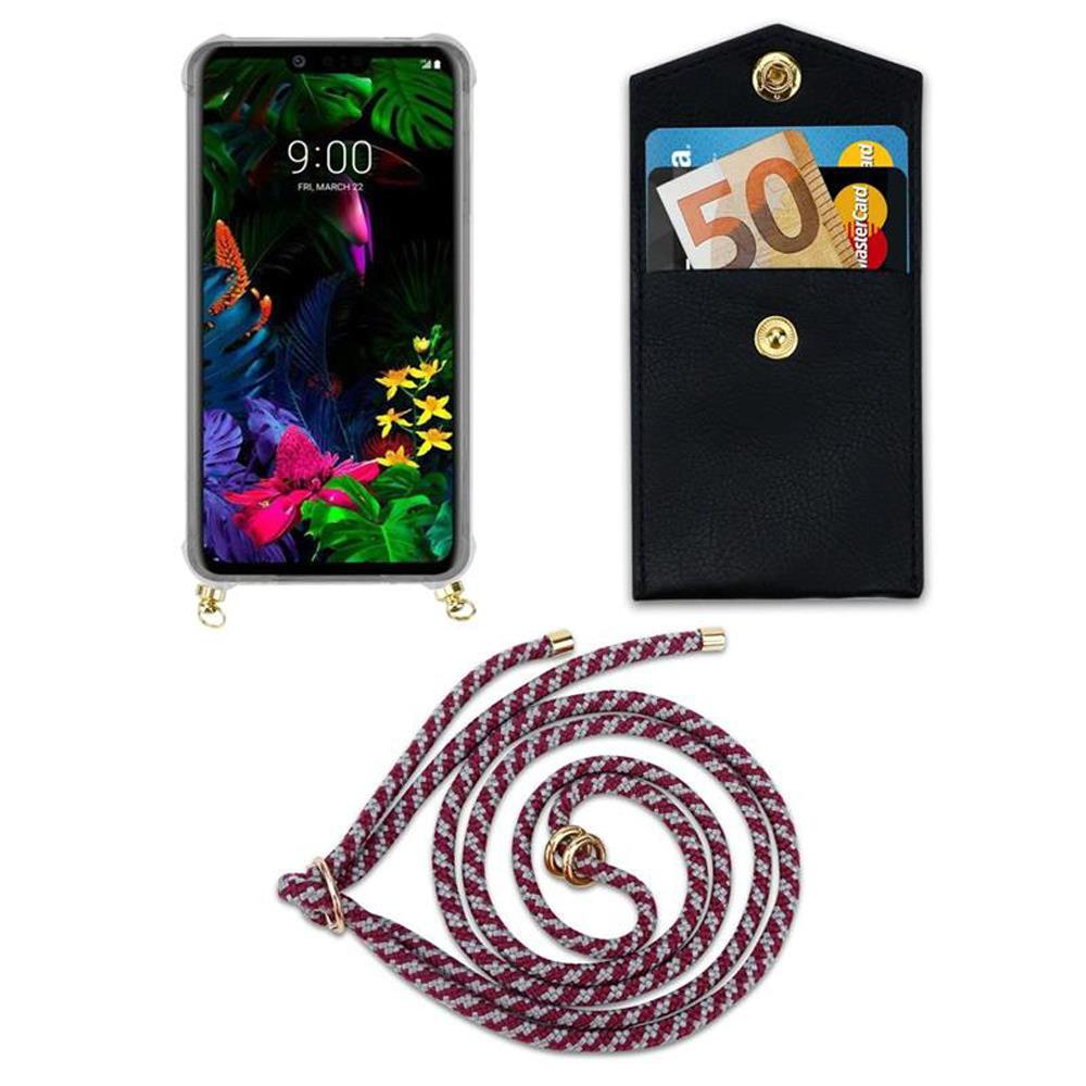 Smartphone mit Blumen-Hintergrund, schwarze Kartenhülle mit 50-Euro-Schein, und Kordel.