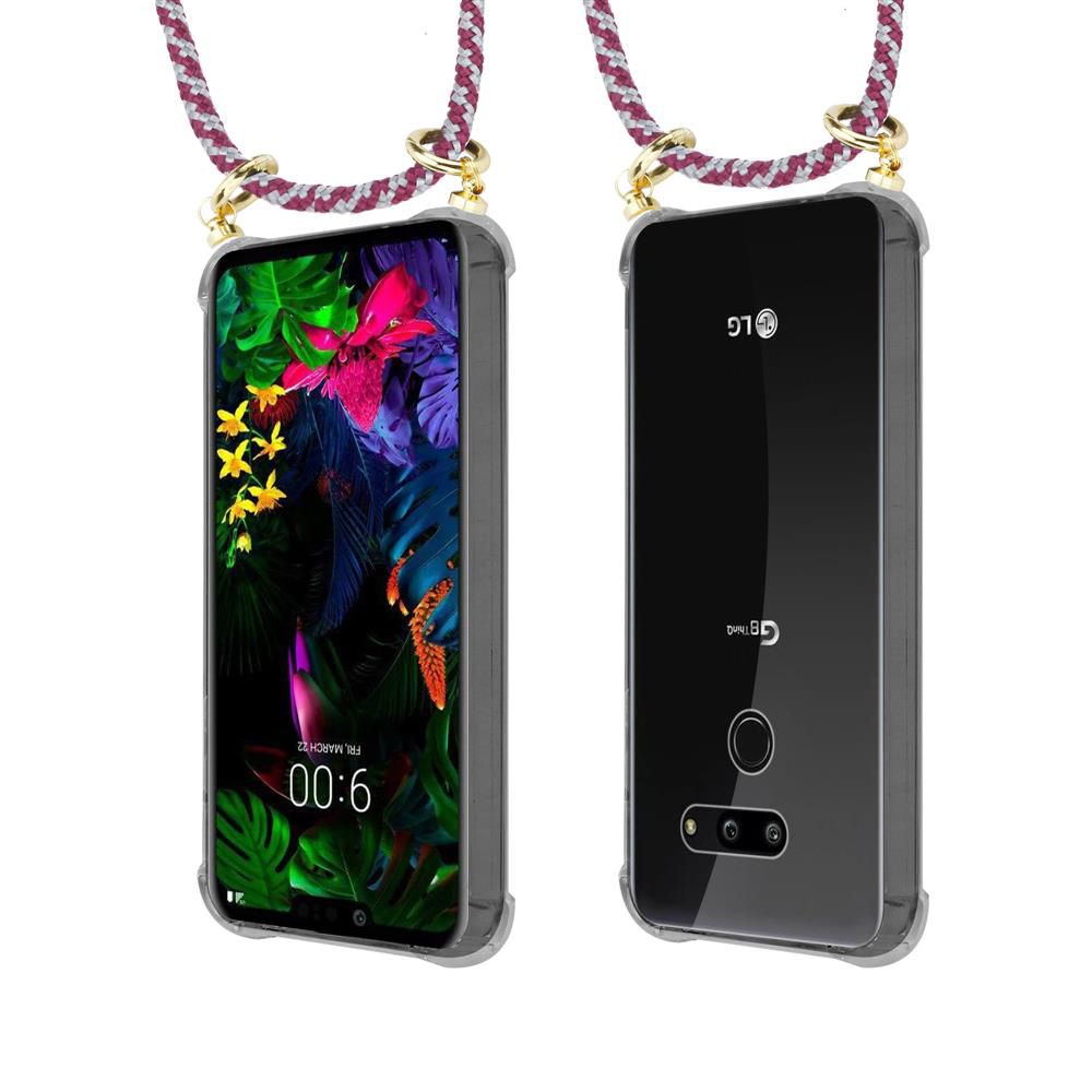 Zwei LG-Smartphones mit Lanyard, eins mit Bildschirm, das andere mit Rückseite.