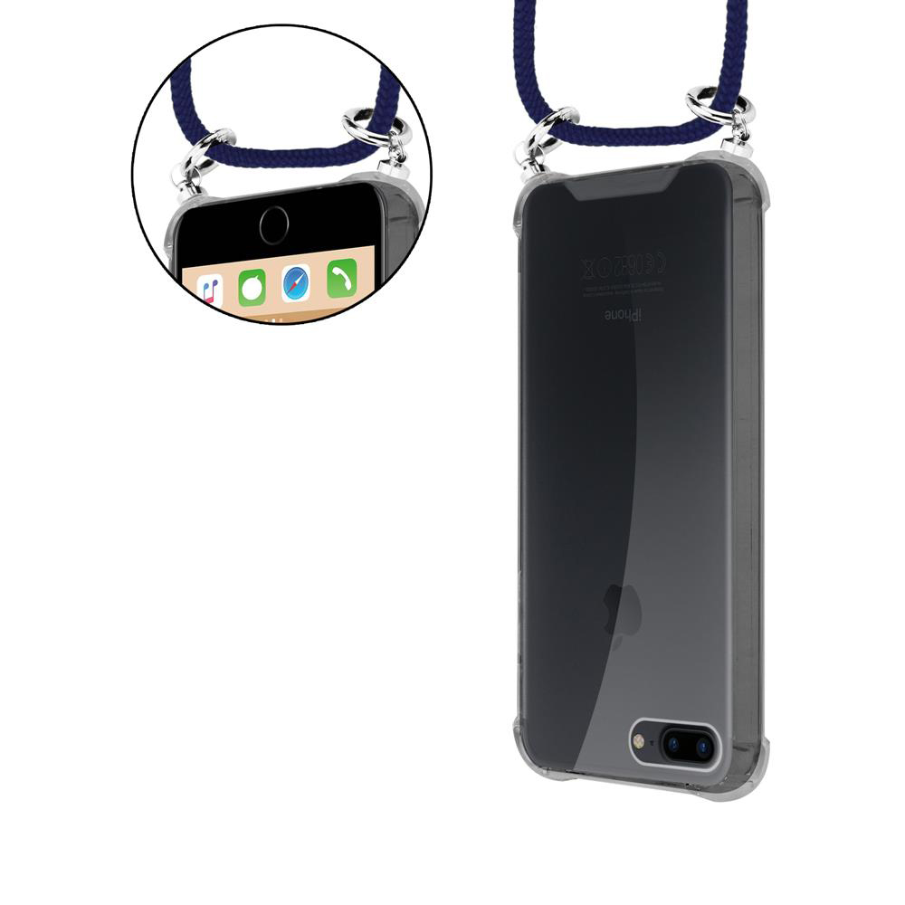 iPhone in custodia trasparente con cordino blu, viste frontale e posteriore.