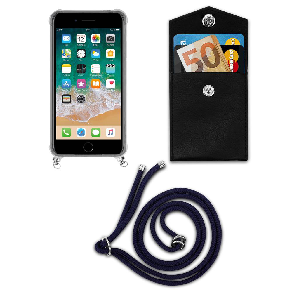 Smartphone in custodia, portafoglio con soldi e carte, e cordino.