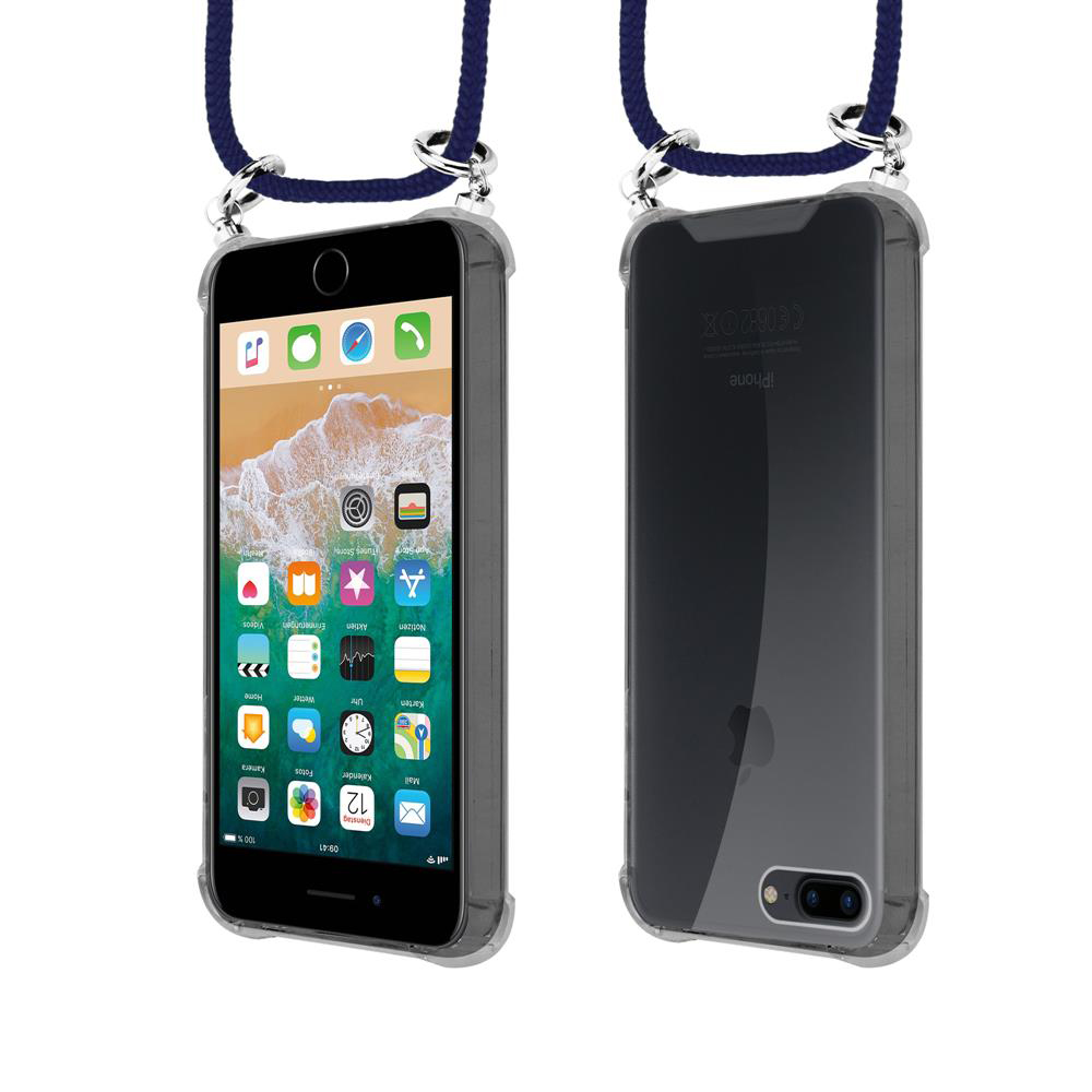 iPhone in custodia trasparente con laccetto, vista frontale e posteriore.