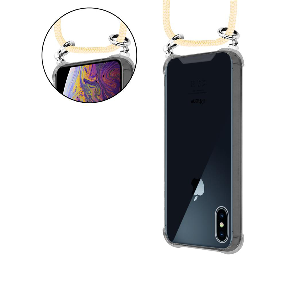 Transparente Hülle mit Schnur für iPhone, Nahaufnahme der Vorder- und Rückseite.