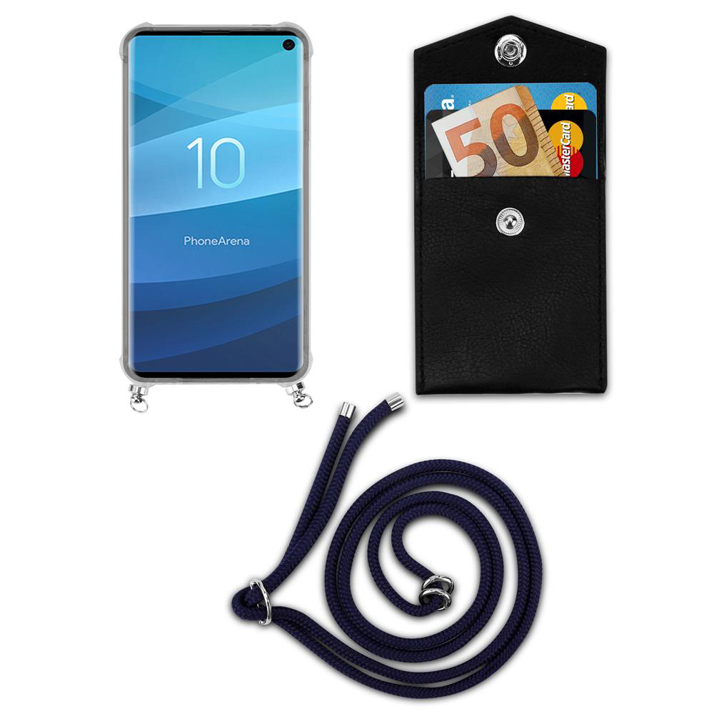 Smartphone con custodia, pochette nera con soldi e carta, e laccetto blu.