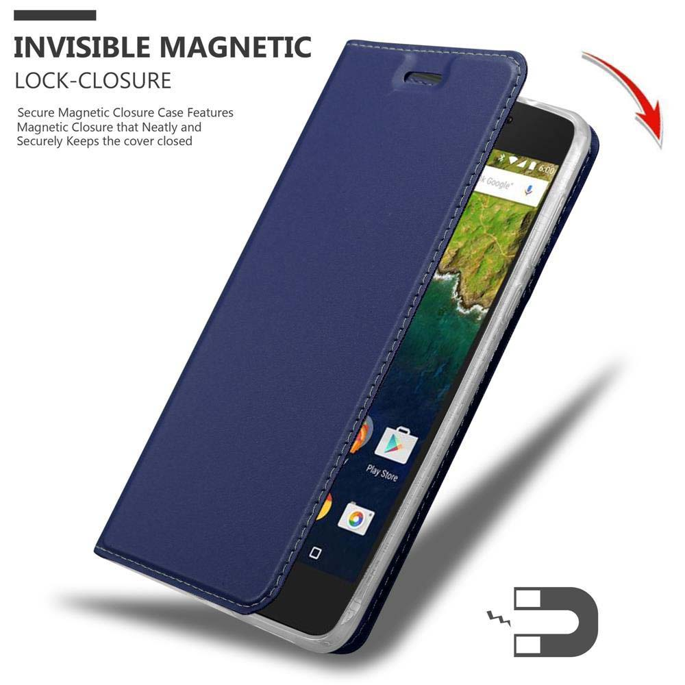 Custodia blu per telefono con chiusura magnetica e schermo smartphone visibile.