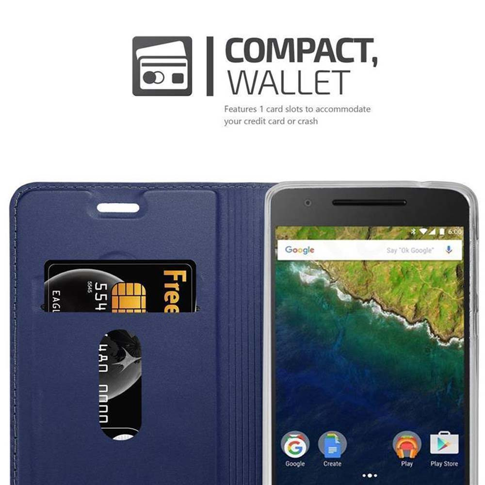 Custodia blu con telefono e slot per carte, Google visibile sullo schermo.