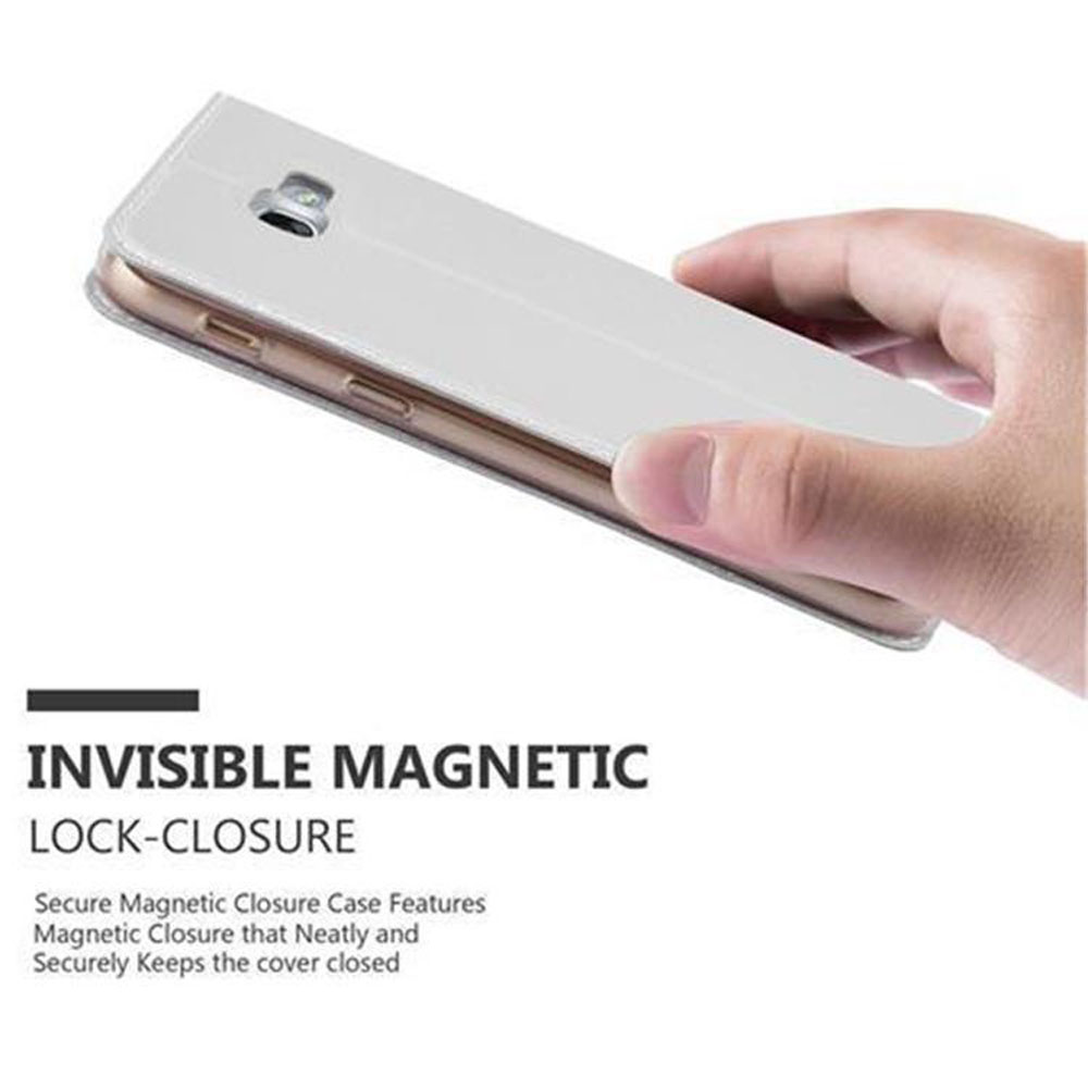 Una mano sostiene un teléfono blanco con una funda de cierre magnético.