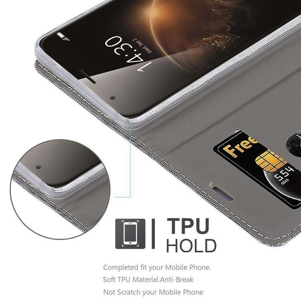 Custodia grigia per telefono con porta carte e SIM card. Display mostra 14:30.