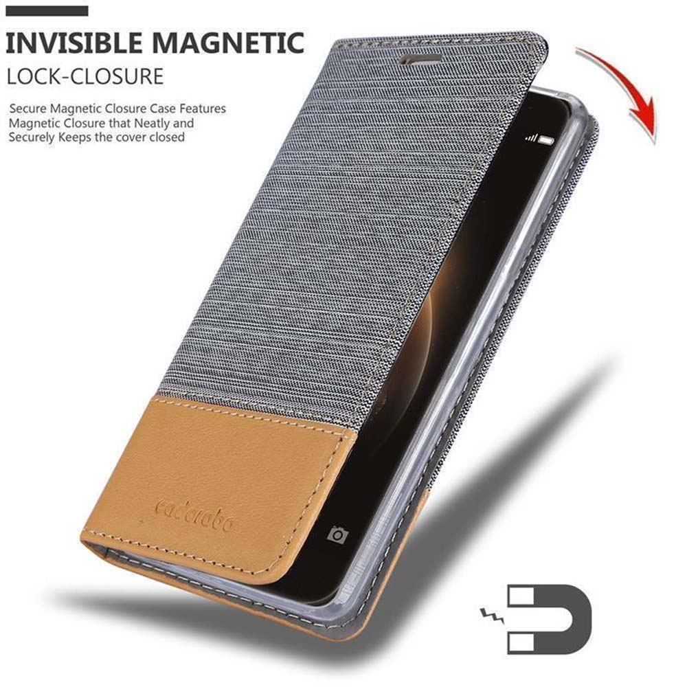 Custodia per telefono in tessuto e pelle, chiusura magnetica, mostra funzione.