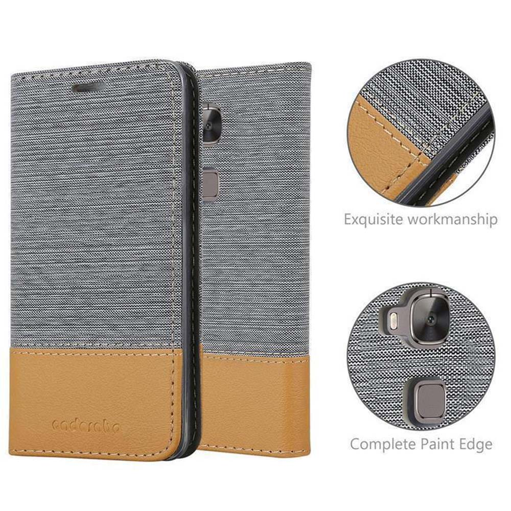 Custodia per telefono in tessuto grigio con fondo in pelle marrone e cuciture.