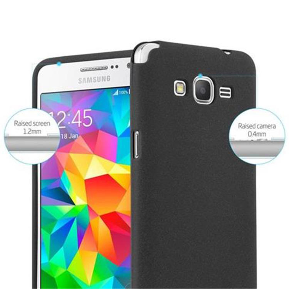 Teléfono Samsung negro con pantalla colorida y bordes elevados para pantalla y cámara.