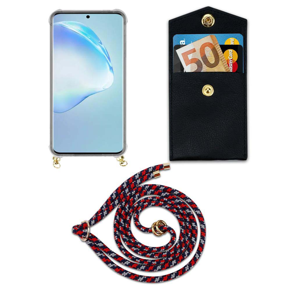 Smartphone con custodia, porta carte nero con banconota da 50 euro e corda.