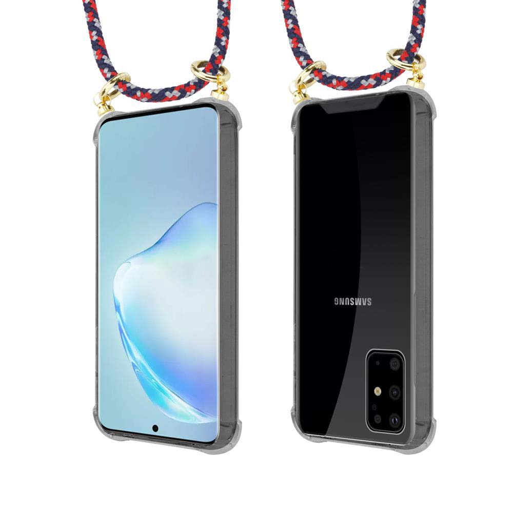 Uno smartphone in custodia trasparente con laccetto, vista frontale e posteriore.