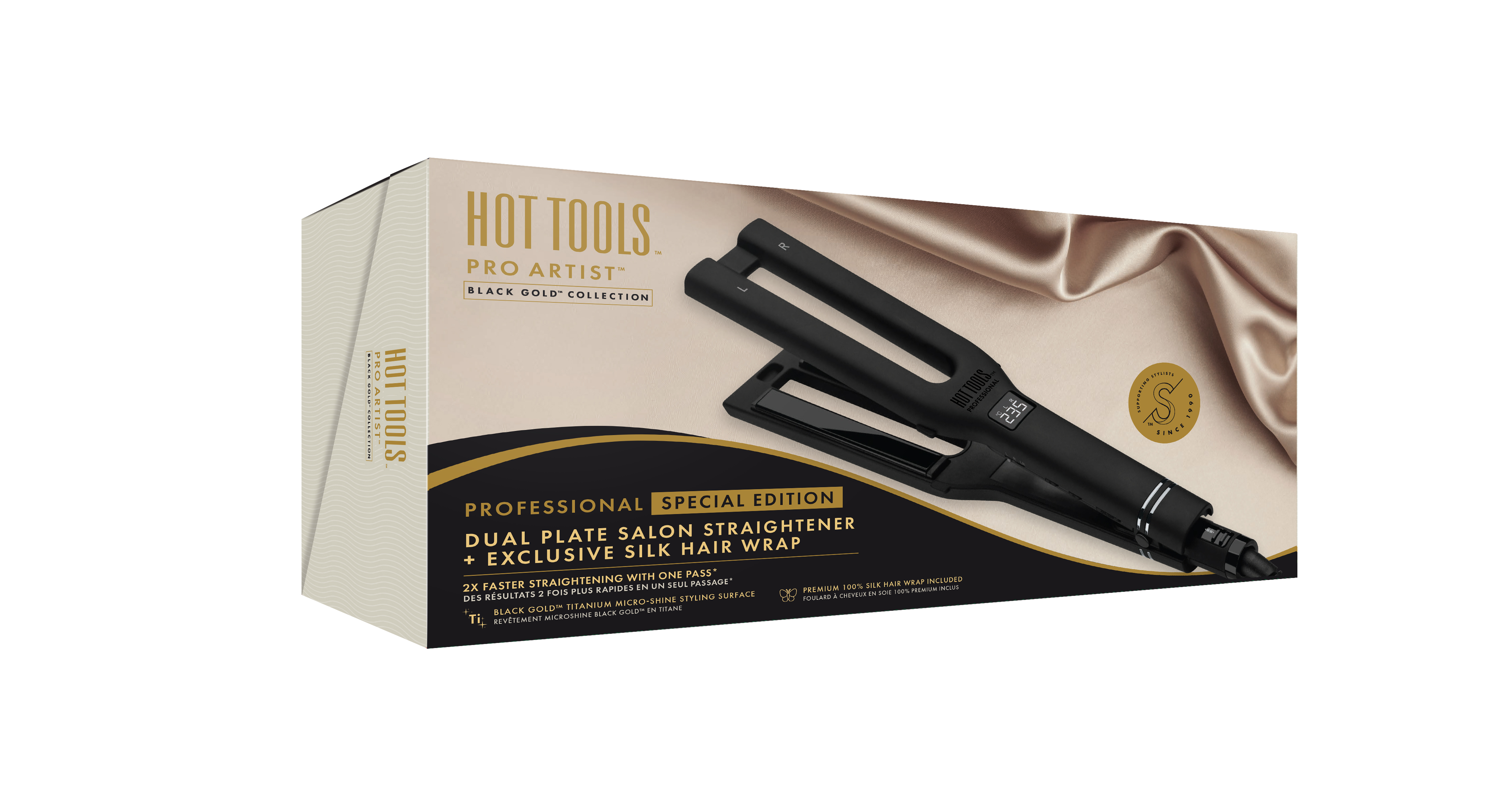 Zwarte Hot Tools stijltang op verpakking, met zijden wikkel.