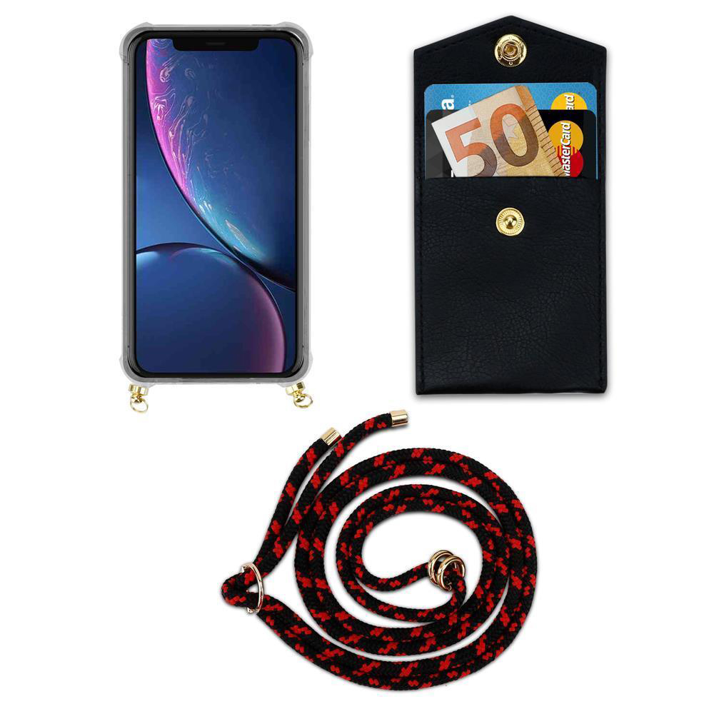 iPhone con custodia, portafoglio nero con soldi e carte, e cordino.