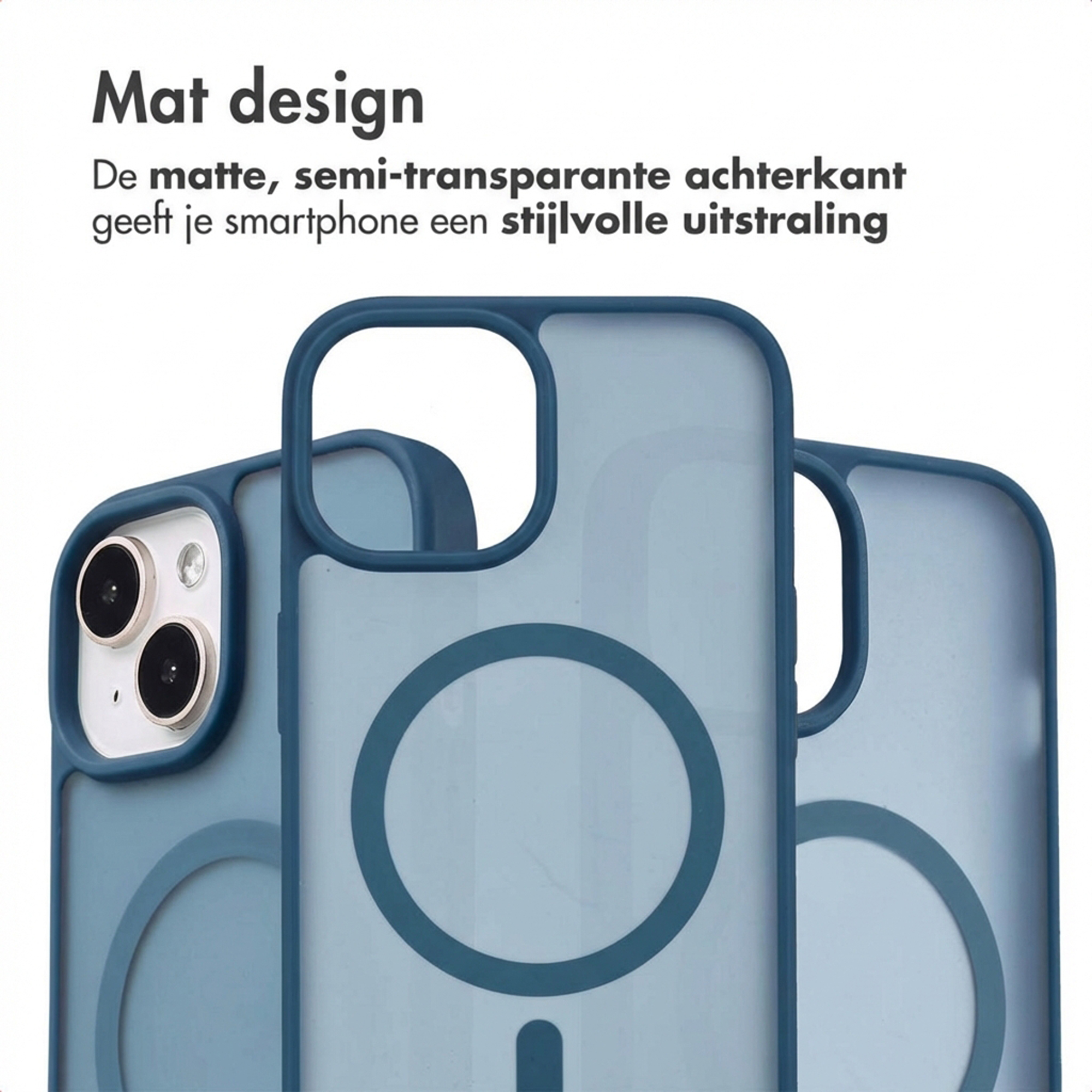 Blue matte semi-transparent phone cases with circular accents.