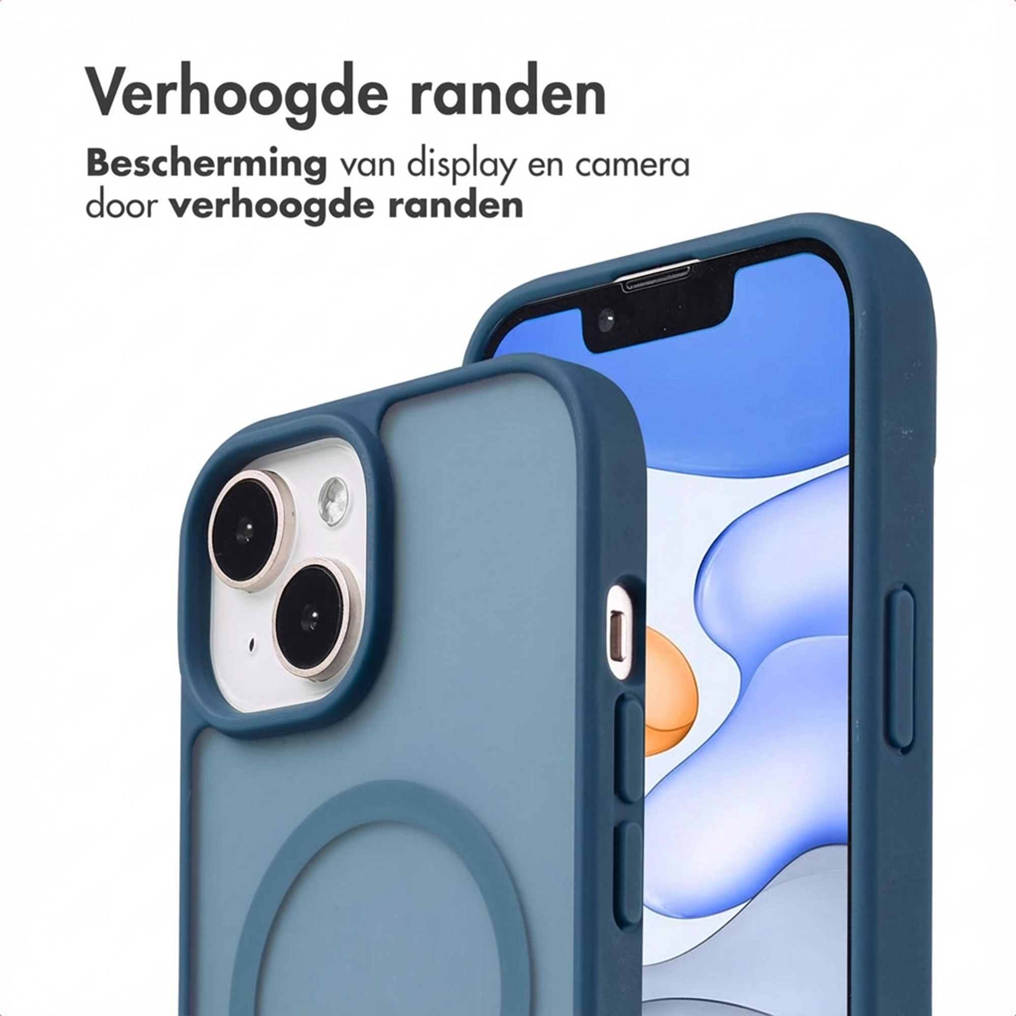 Blue phone case with raised edges protects screen and camera.