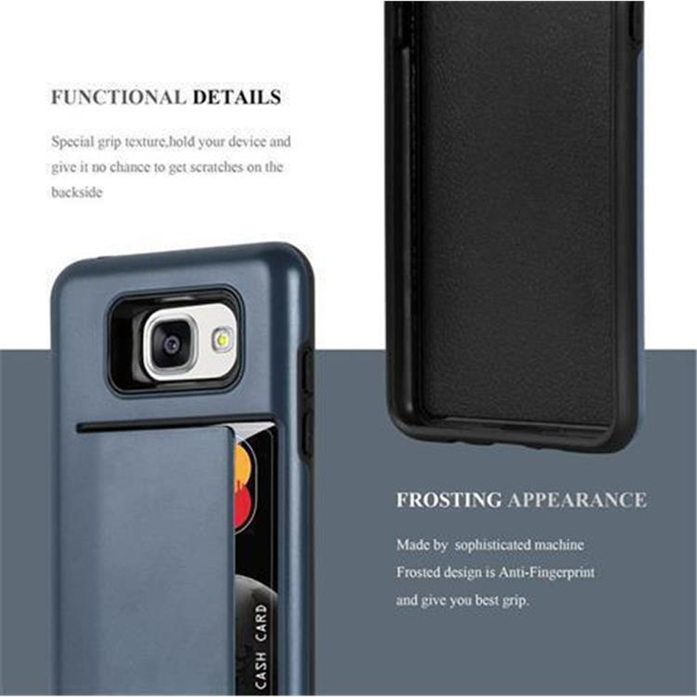 Custodia blu scuro per telefono con slot per carte e ritaglio fotocamera.
