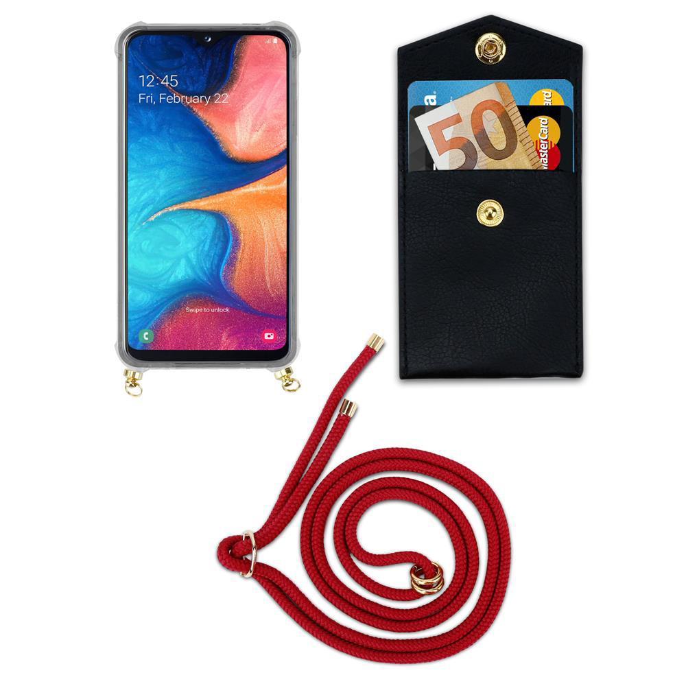 Uno smartphone con laccetto rosso e portafoglio nero con soldi e carte.