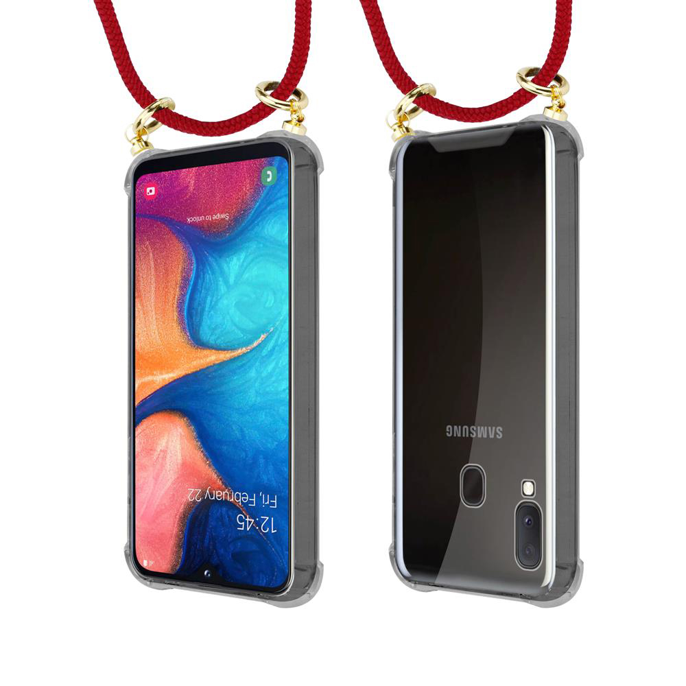 Due smartphone con lacci rossi, uno frontale, uno posteriore.