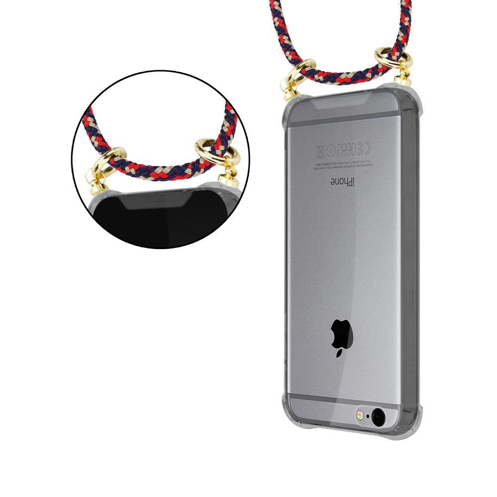 Un iPhone in una custodia trasparente con un cordino colorato attaccato.