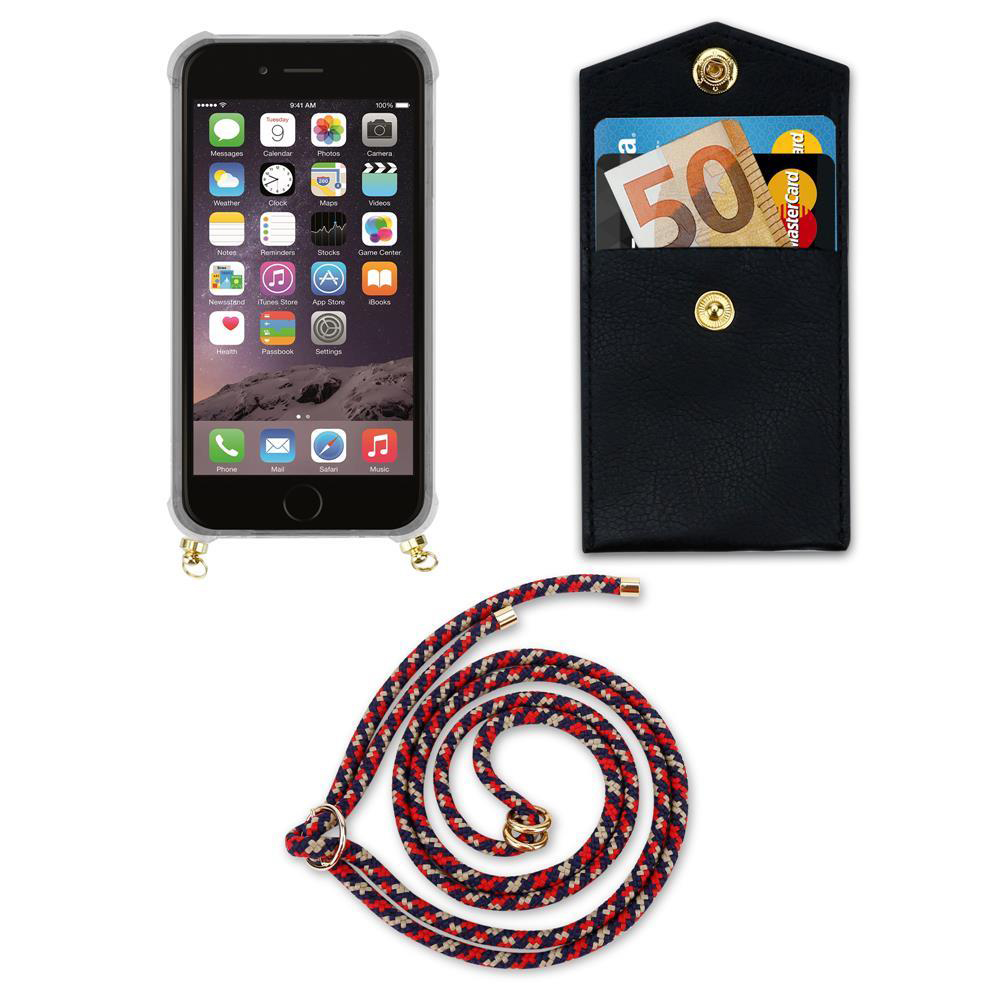 iPhone con custodia, porta carte nero con soldi e carte, e un cordino.