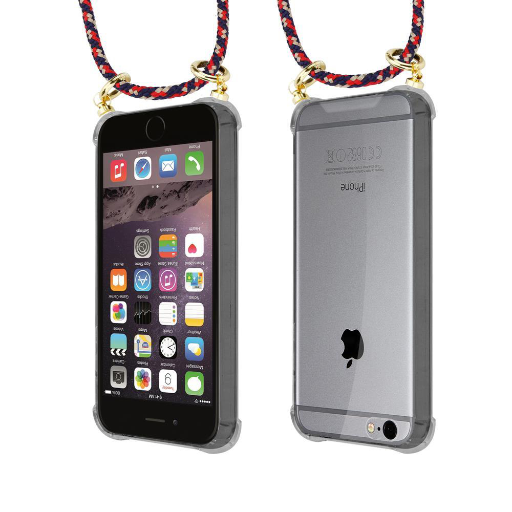 Un iPhone in custodia trasparente con laccetto, vista anteriore e posteriore.