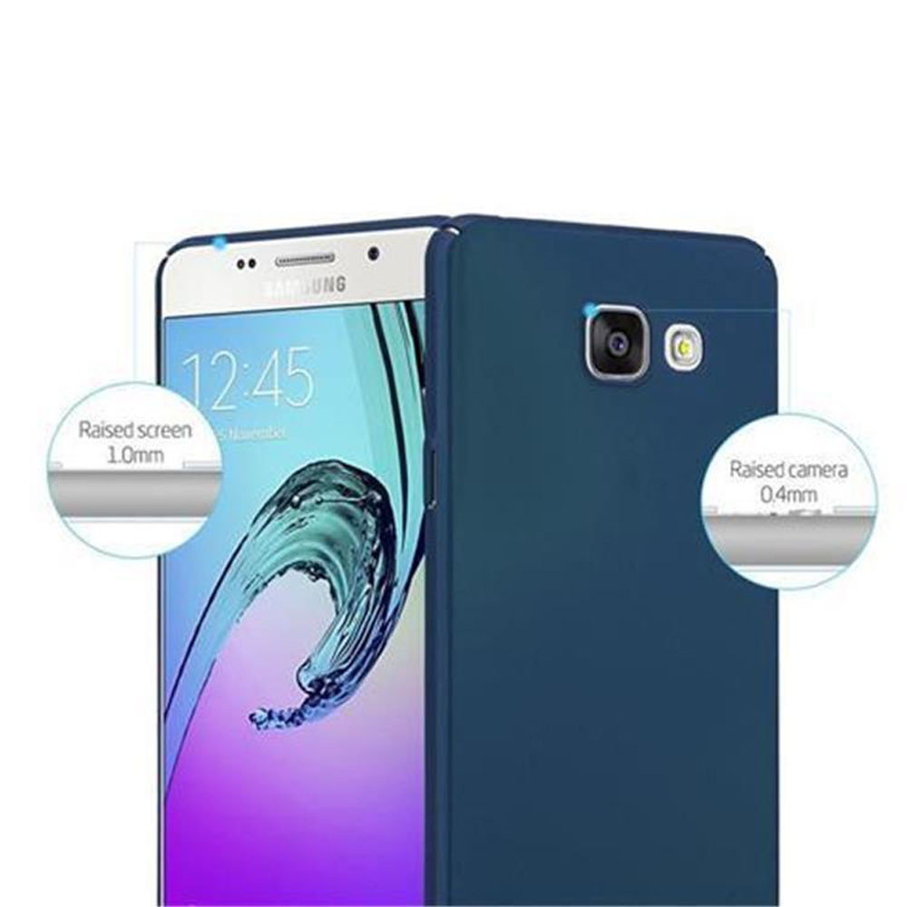 Telefono blu scuro con schermo e fotocamera rialzati. Mostra le 12:45.
