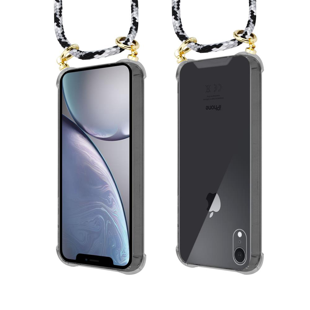 Uno smartphone con cordino bianco e nero attaccato a una custodia trasparente, mostrato fronte e retro.