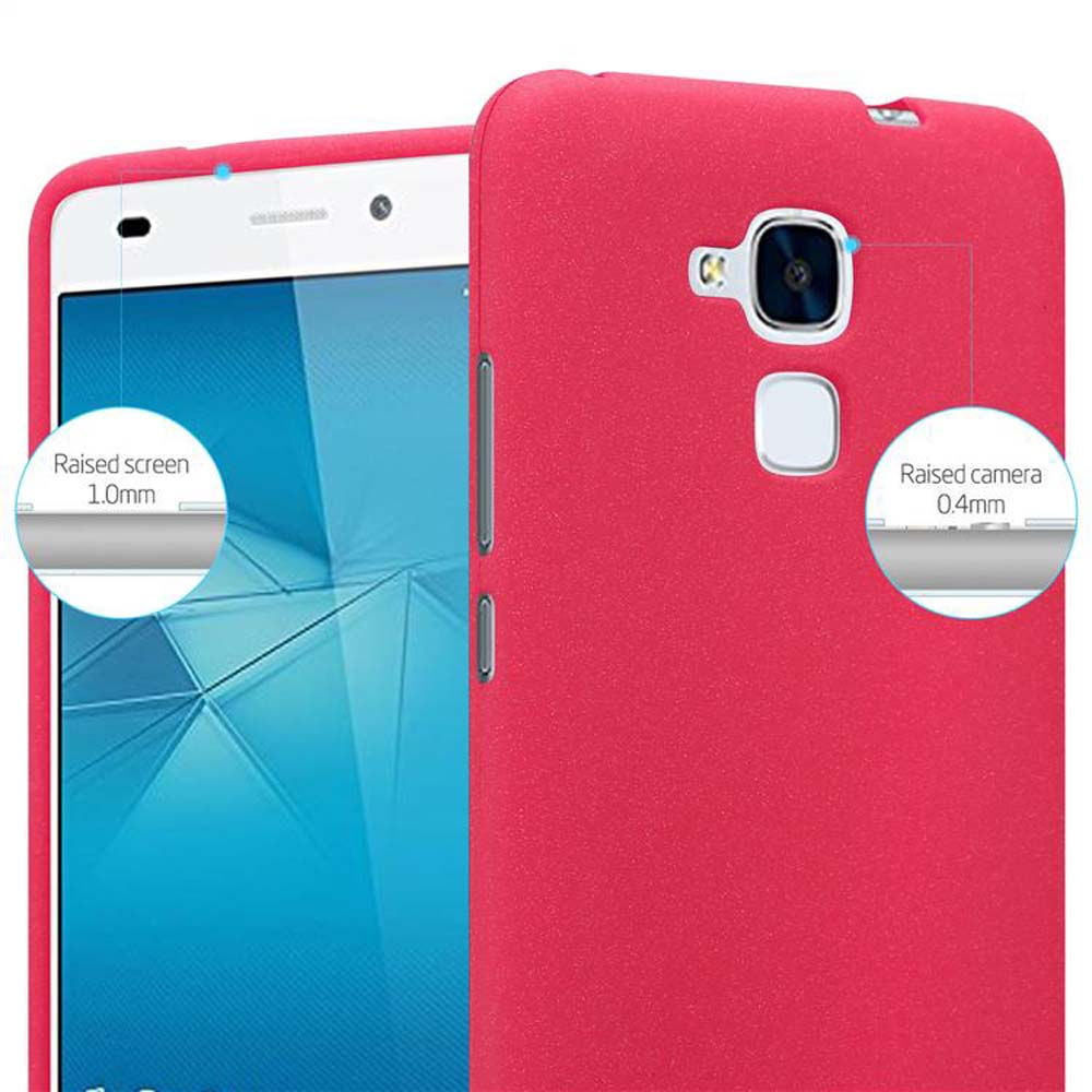 Custodia rossa per telefono con schermo e fotocamera rialzati. Primo piano dettagli dimensioni.