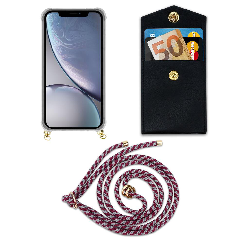iPhone con custodia, portafoglio con banconota e carta, e un cordino.