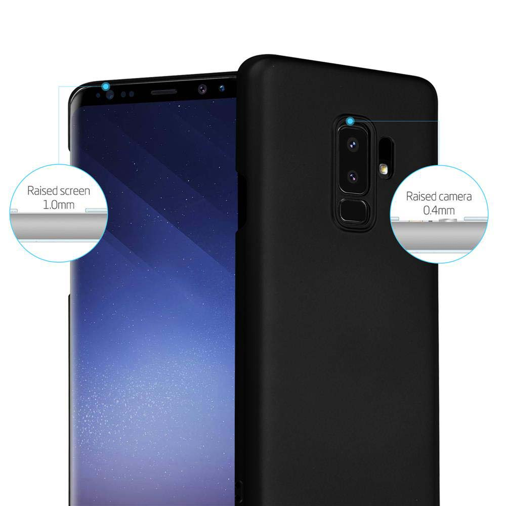 Schwarzes Handy mit Schutzhülle, hebt erhöhte Kamera und Bildschirm hervor.