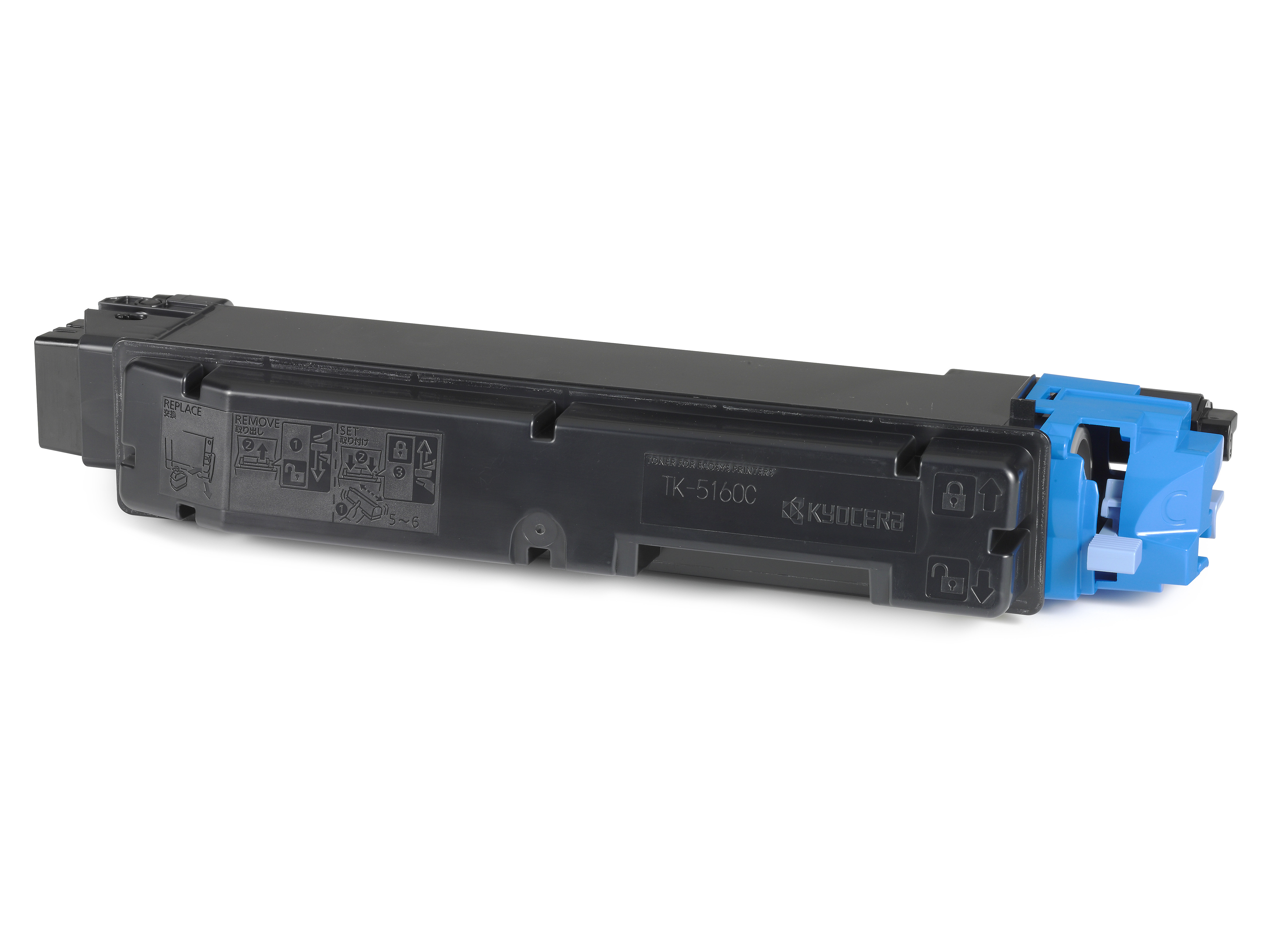 Zwarte Kyocera TK-5160C tonercartridge met blauwe verbindingsdelen.