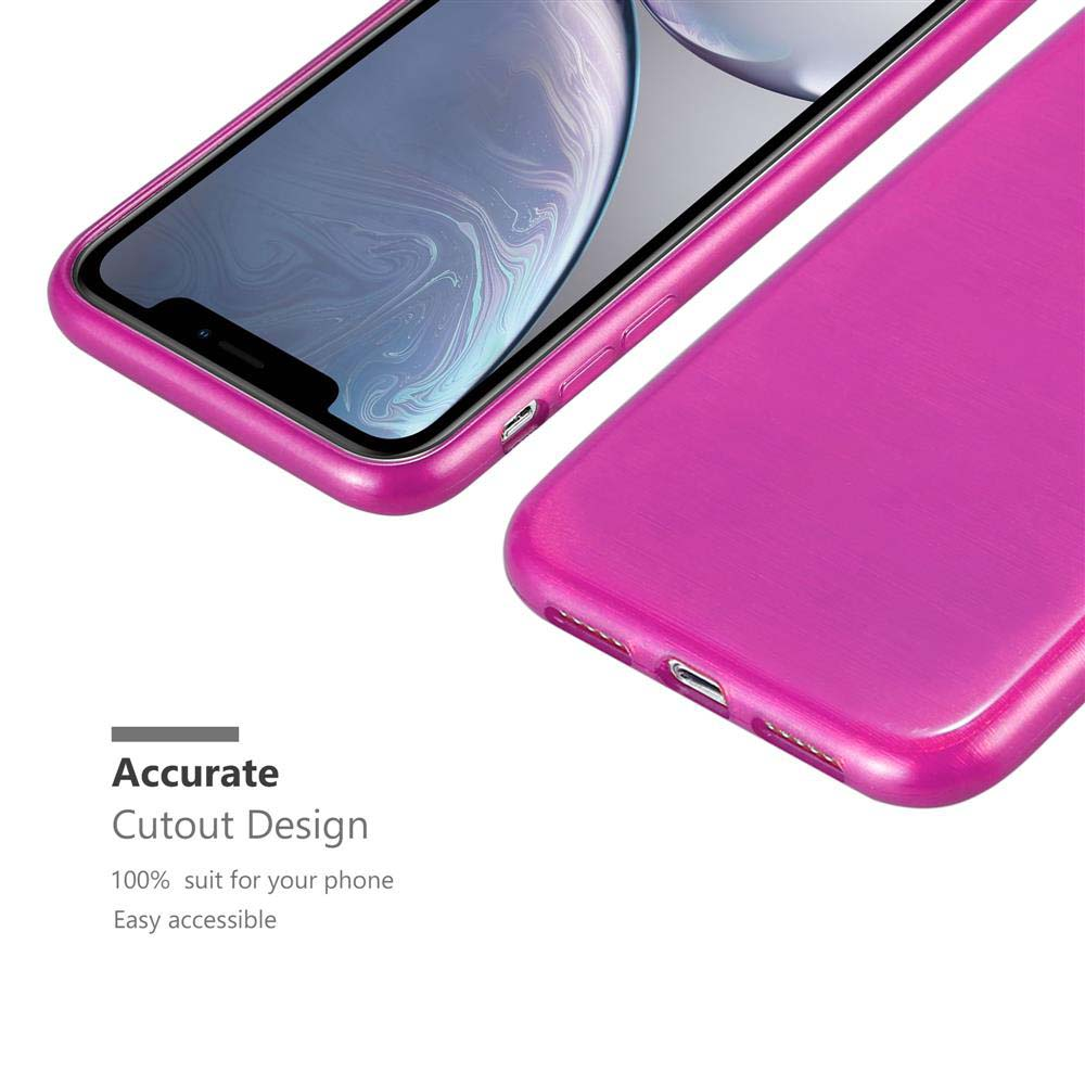 Una custodia rosa accanto a un telefono, su sfondo bianco.