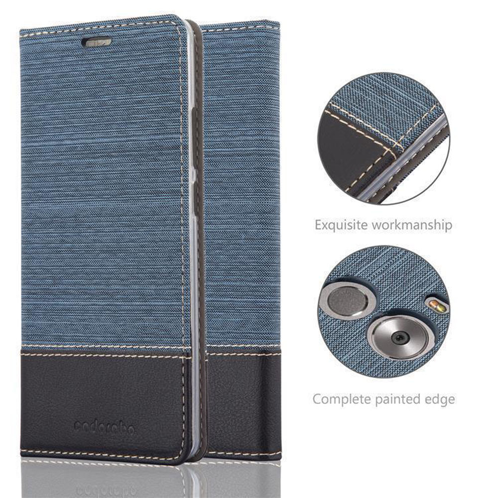 Blauer Jeans-Stil Handyhülle mit schwarzem Lederboden und Nähten.