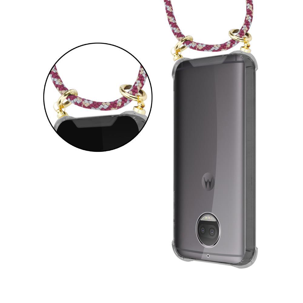 Un telefono trasparente con un cinturino attaccato agli angoli.