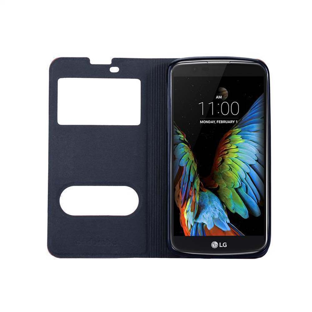Una funda azul oscuro junto a un smartphone LG con un fondo de pantalla de loro.
