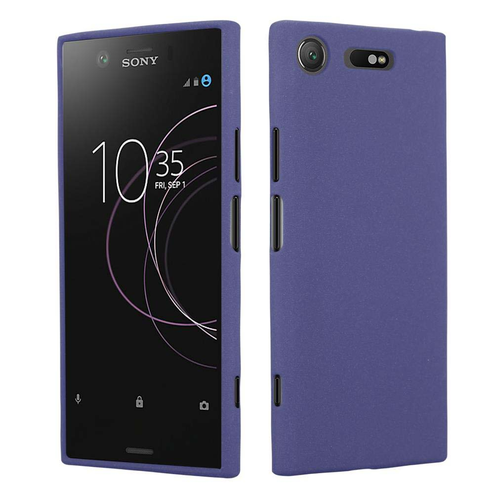 Uno smartphone con custodia blu, viste frontale e posteriore.