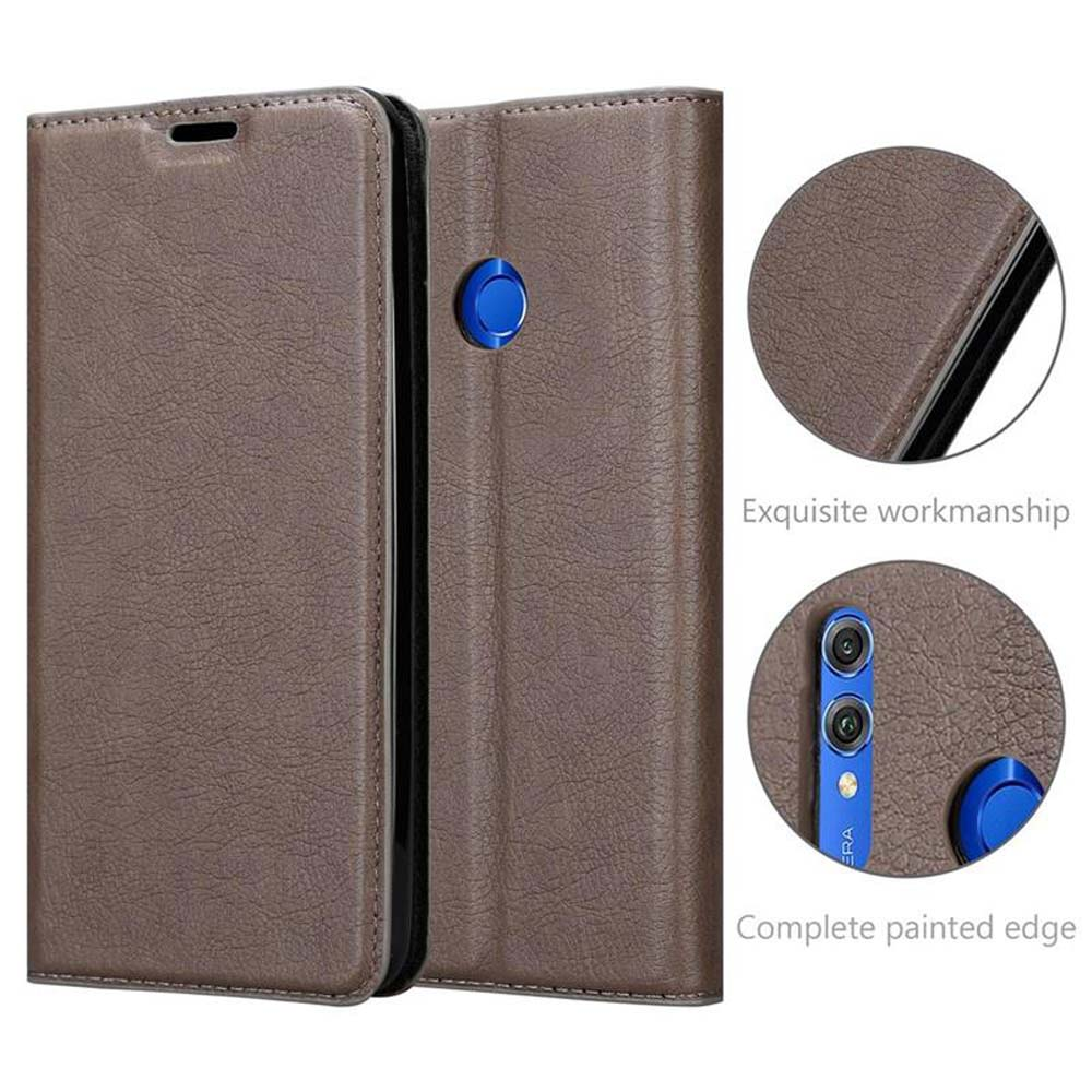 Custodia per telefono marrone stile flip con accenti blu e dettagli.