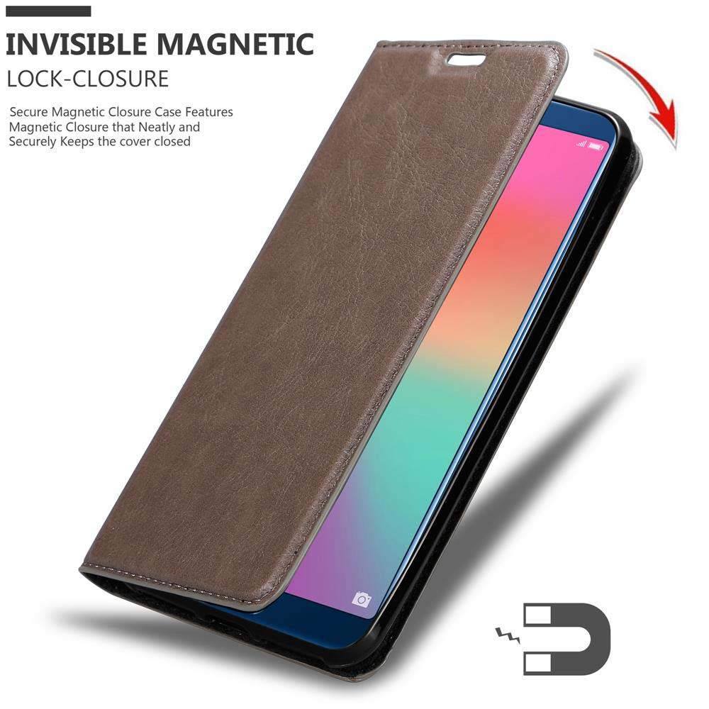 Custodia per telefono marrone con chiusura magnetica aperta e schermo colorato.