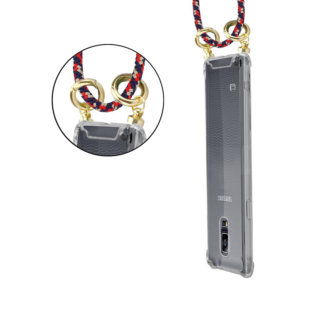 Custodia per telefono con cordino intrecciato rosso, blu e bianco e anelli dorati.