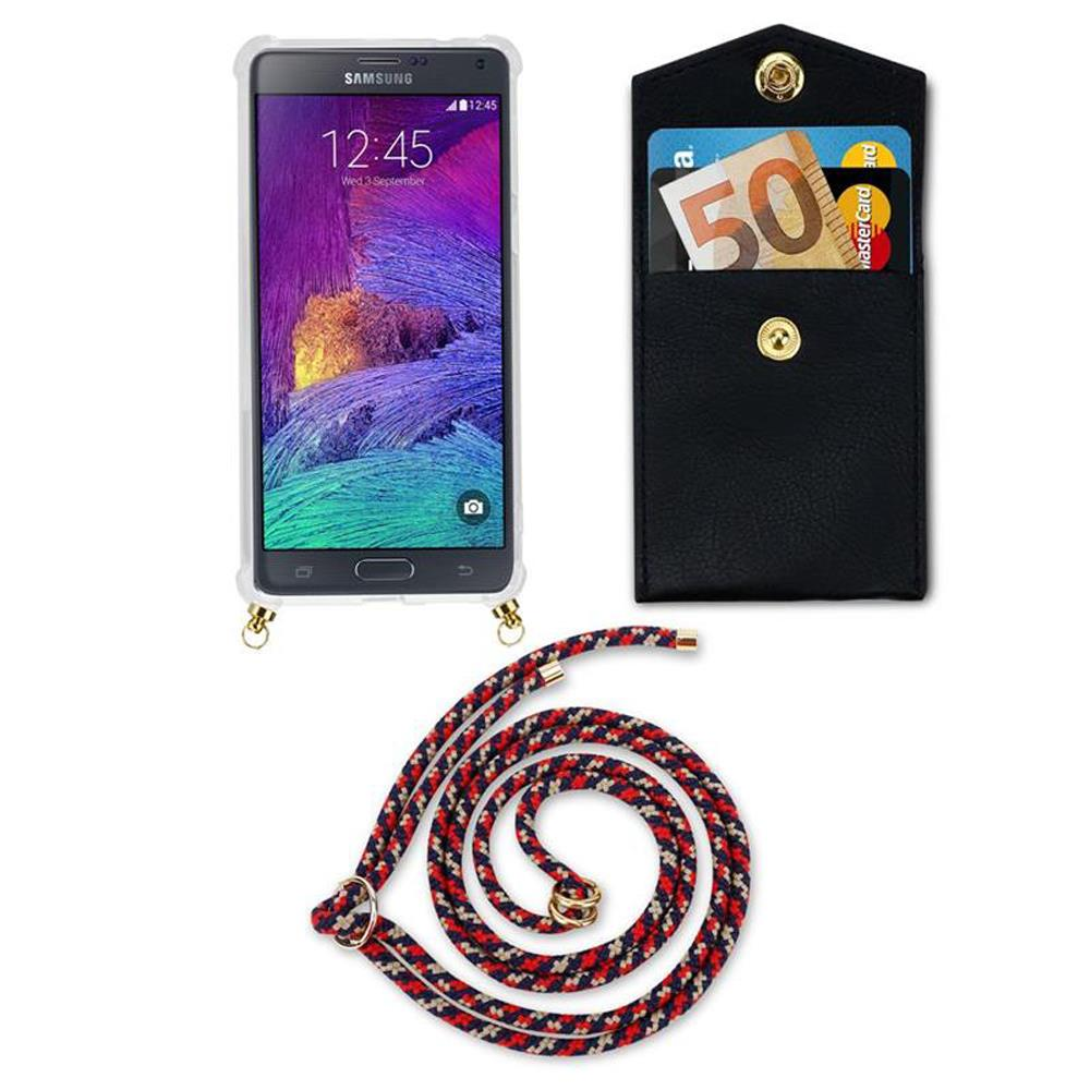 Samsung smartphone in custodia trasparente, portafoglio nero con soldi e carte, e cordino.