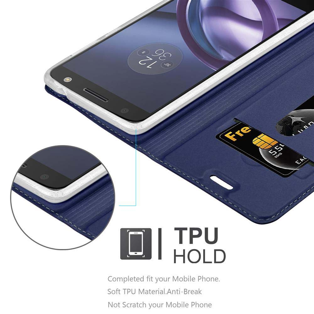 Custodia blu per telefono con slot per carte, che tiene un cellulare. Supporto TPU.