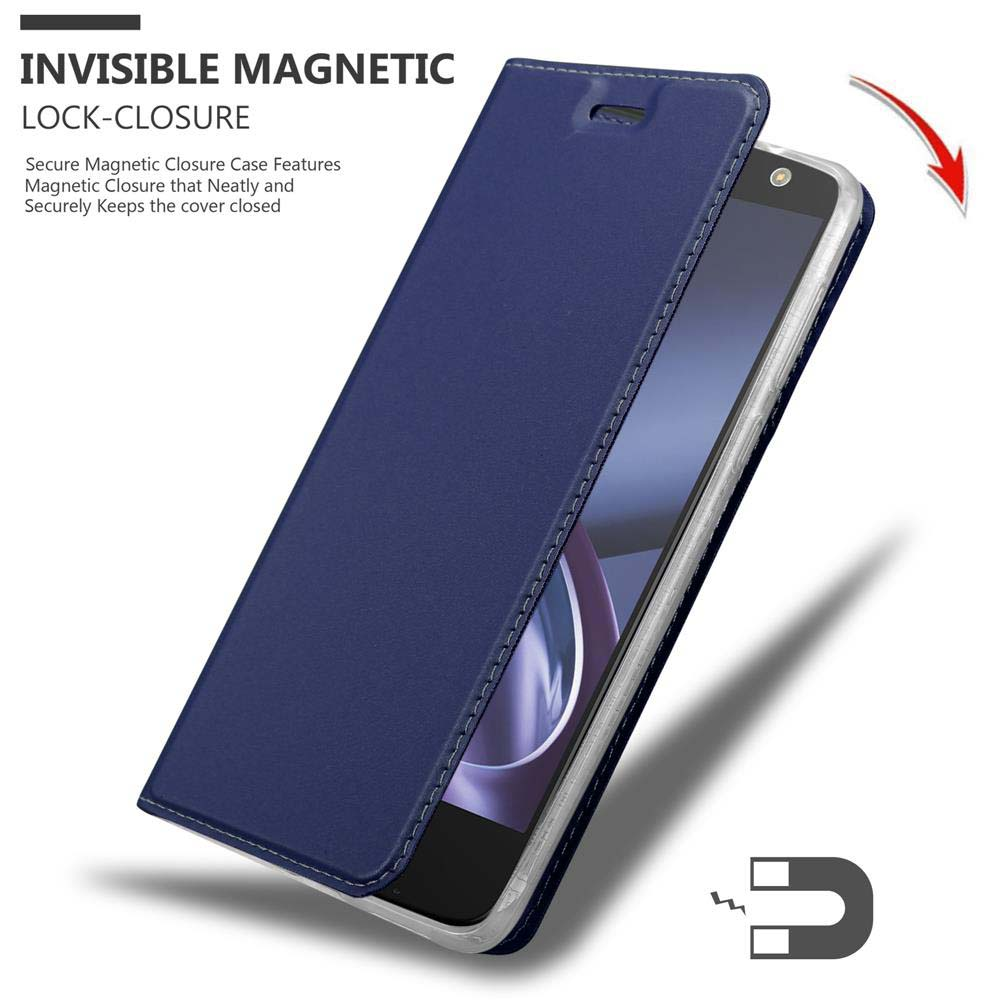 Custodia blu scuro per telefono con chiusura magnetica, che mostra un telefono all'interno.